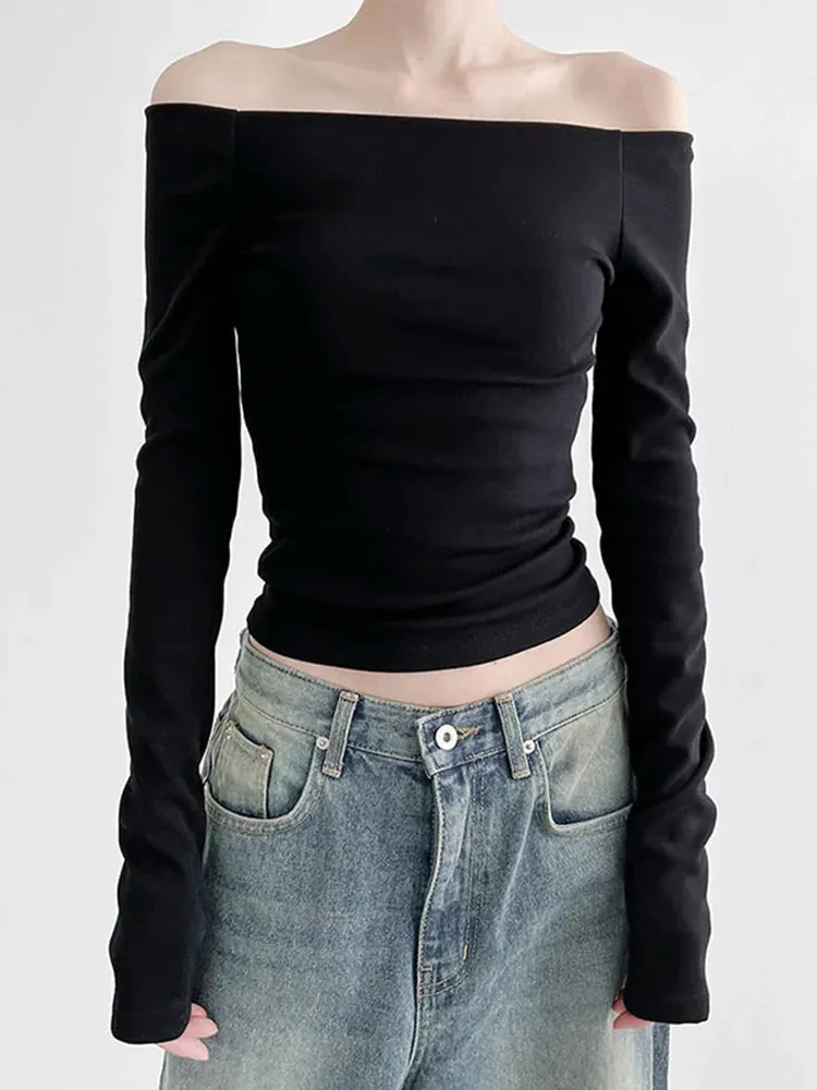 AMY FASHION - Elegant Slim Sexy Cropped Black Long Sleeve Korean Fall Crop Top