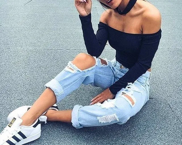 Autumn Off Shoulder Crop Top Long Sleeve Shirt