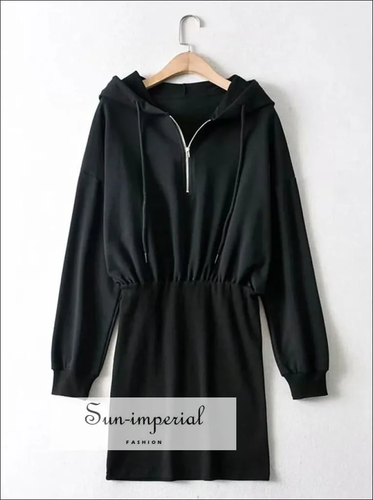 Black Half Zip front Mini Hoodie Sweat Dress Drop Shoulder Hooded Sweat Sporty Mini Dress