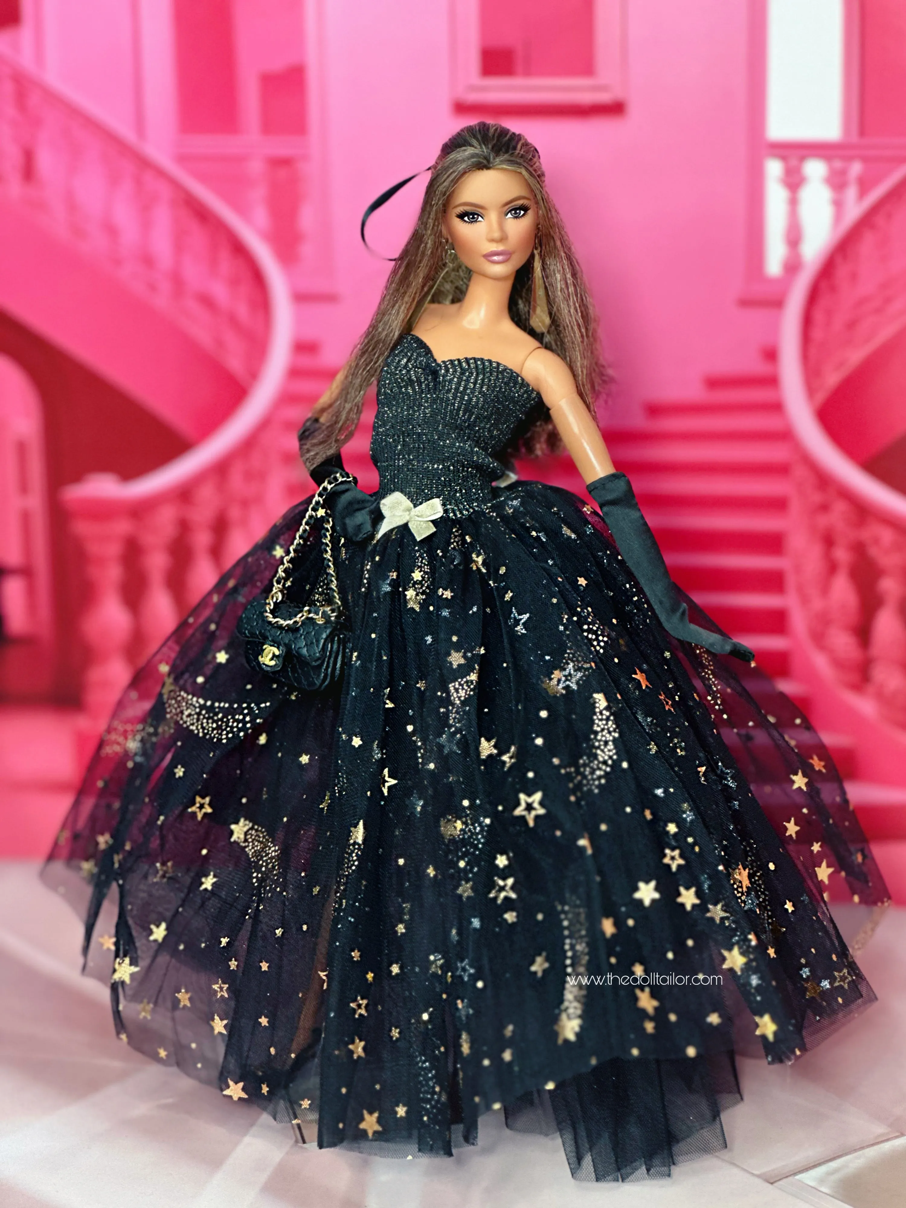 Black wedding dress with gold accents for barbie dolls