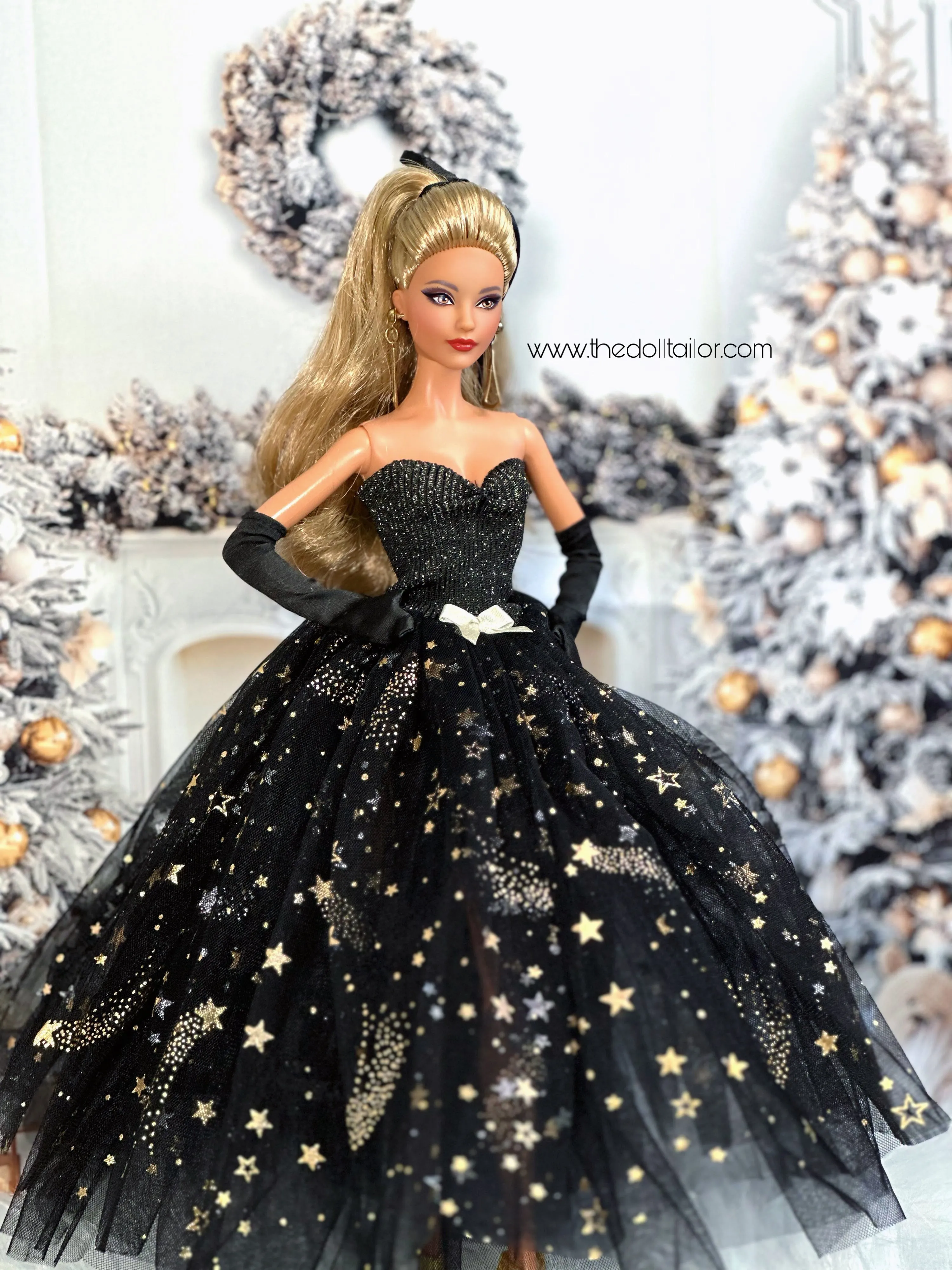 Black wedding dress with gold accents for barbie dolls