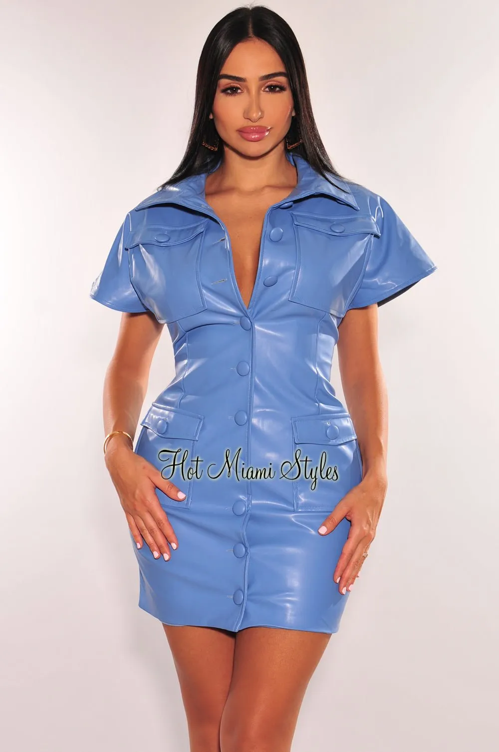 Blue Faux Leather Short Butterfly Sleeves Button Up Jacket Dress