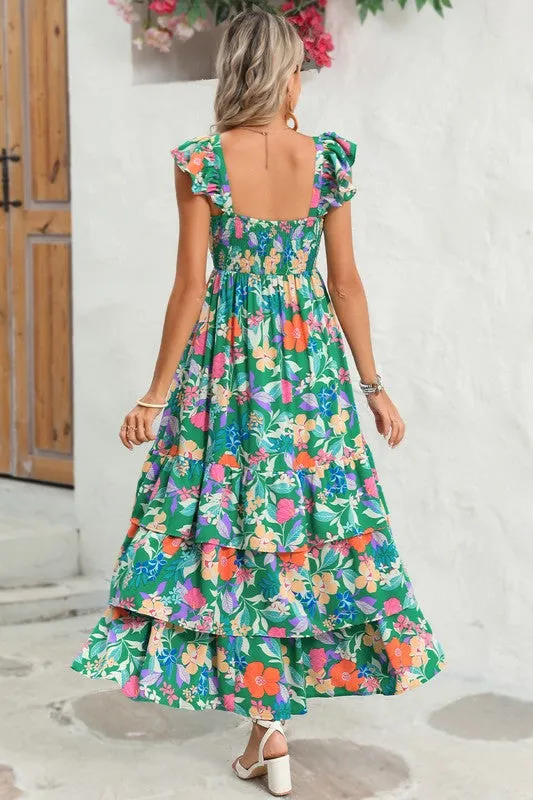 Boho Floral Ruffle Sleeveless Tiered Maxi Dress