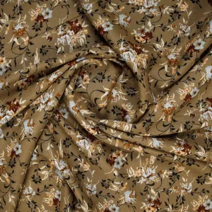 Brown & White Floral Print Rayon Fabric , Plain Weave, TU 4020-2