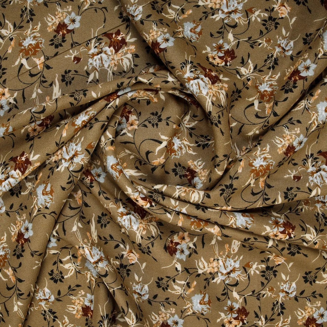 Brown & White Floral Print Rayon Fabric , Plain Weave, TU 4020-2