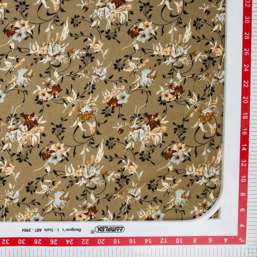 Brown & White Floral Print Rayon Fabric , Plain Weave, TU 4020-2