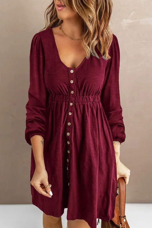 Casual Buttons Up Ruched Waist Short Dress