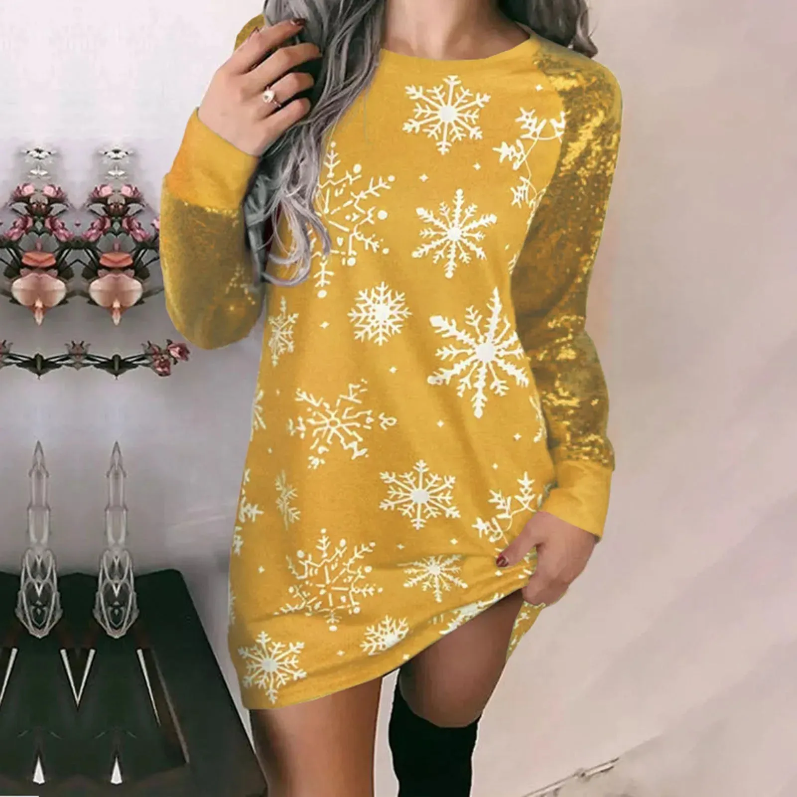 Christmas Elk Long Sleeve O Neck Fashion Casual Xmas Dress