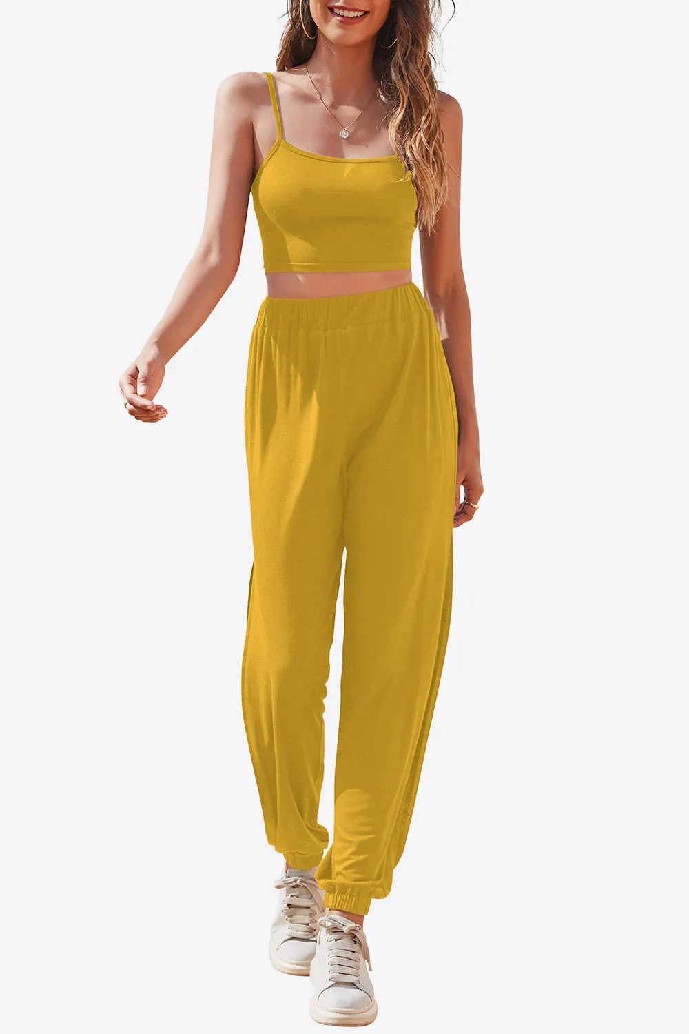 Cropped Cami and Side Split Joggers Set - 4 colors