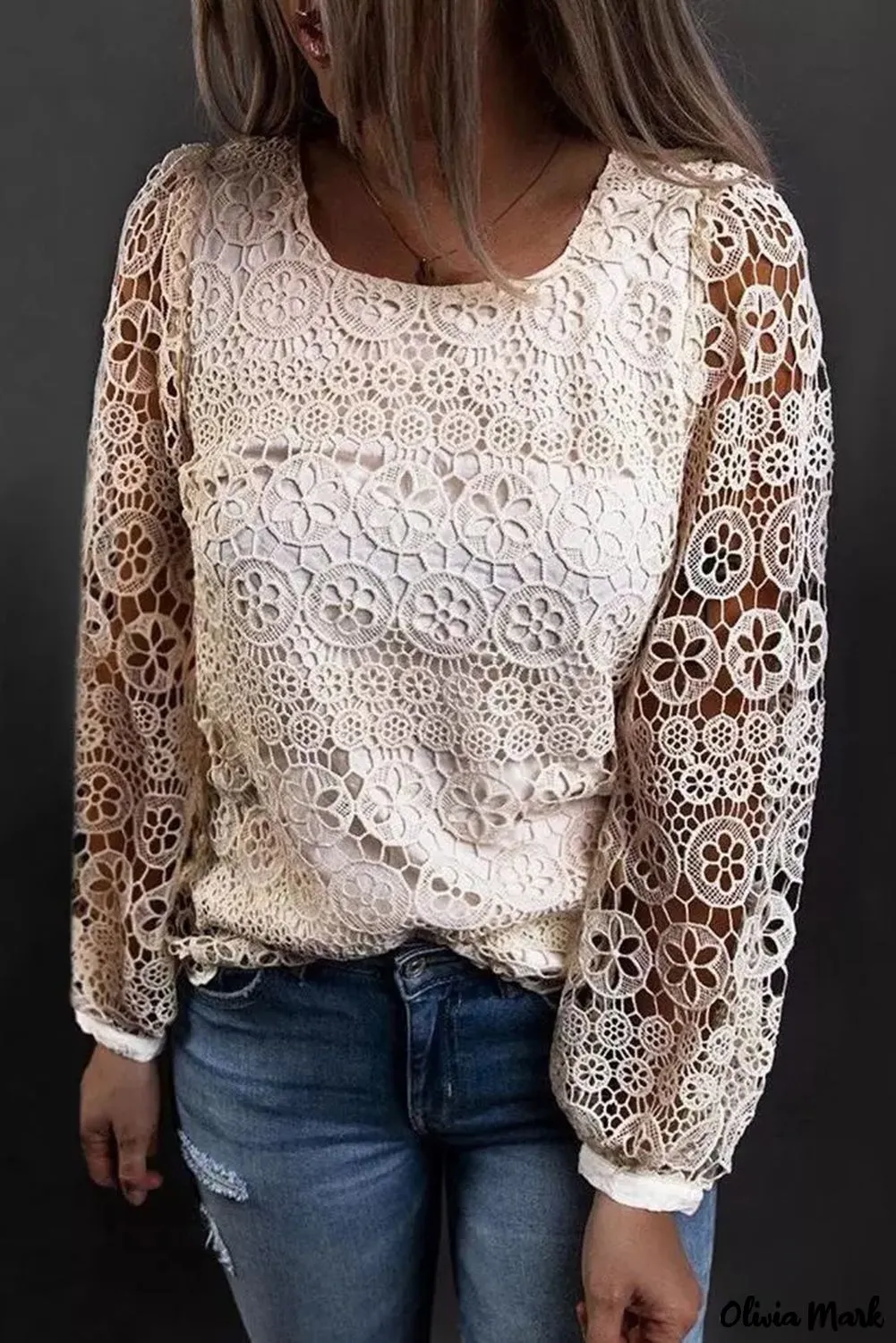 Deanwangkt - Beige Contrast Lace Hollow Out Long Sleeve Blouse