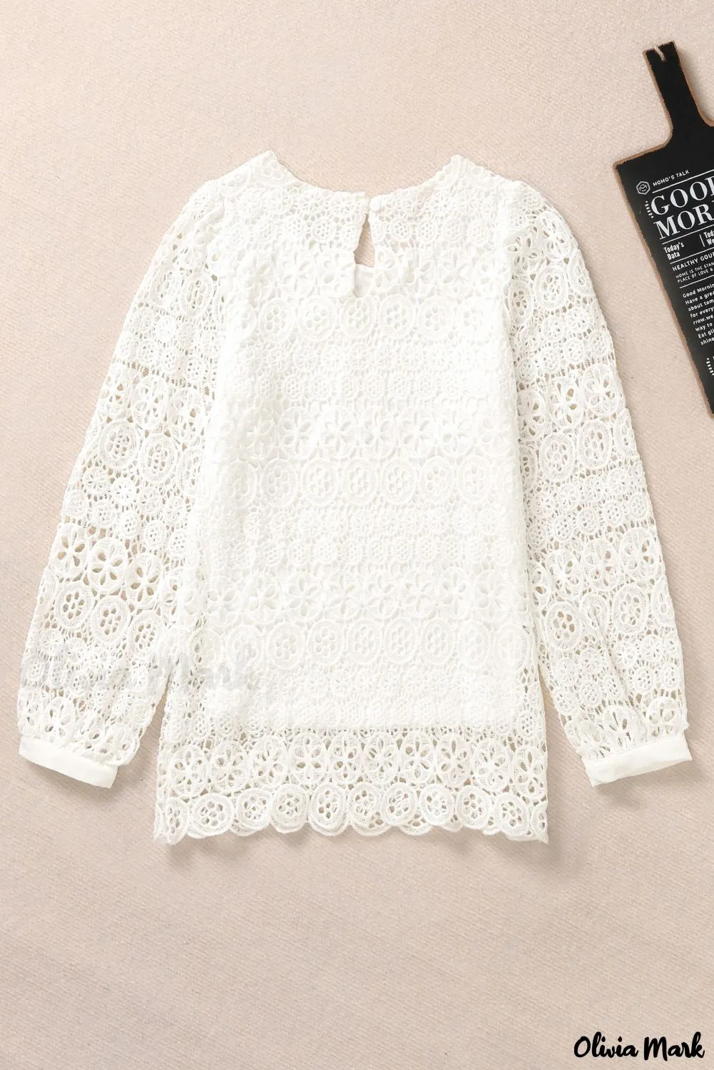 Deanwangkt - Beige Contrast Lace Hollow Out Long Sleeve Blouse