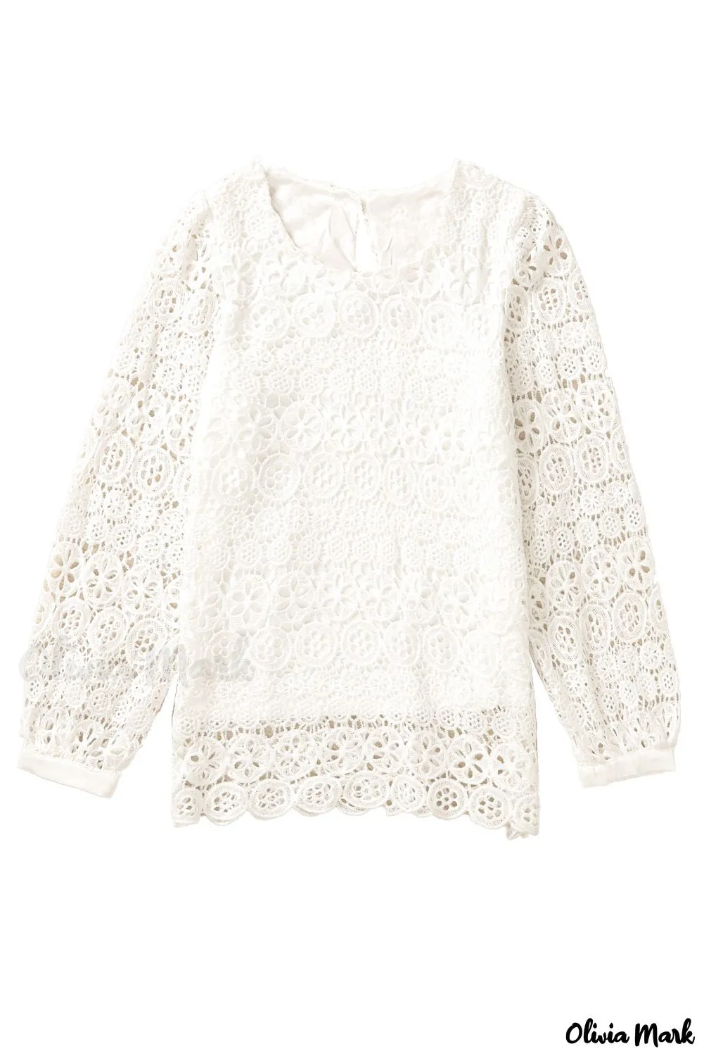 Deanwangkt - Beige Contrast Lace Hollow Out Long Sleeve Blouse