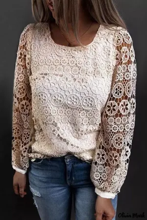 Deanwangkt - Beige Contrast Lace Hollow Out Long Sleeve Blouse