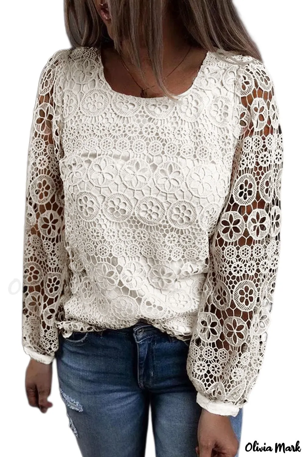 Deanwangkt - Beige Contrast Lace Hollow Out Long Sleeve Blouse