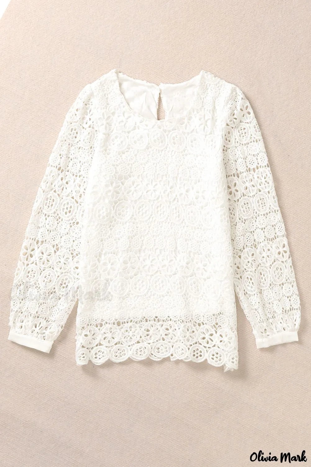 Deanwangkt - Beige Contrast Lace Hollow Out Long Sleeve Blouse