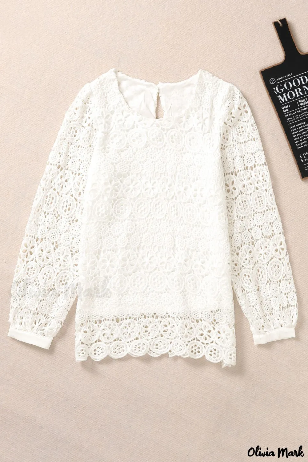 Deanwangkt - Beige Contrast Lace Hollow Out Long Sleeve Blouse