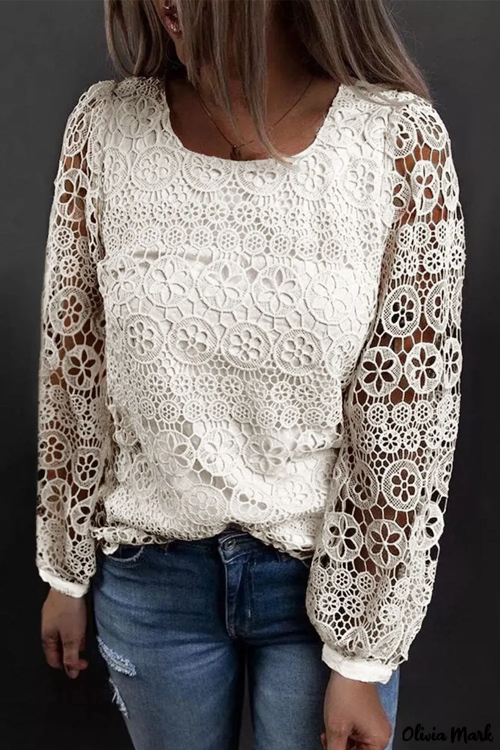 Deanwangkt - Beige Contrast Lace Hollow Out Long Sleeve Blouse