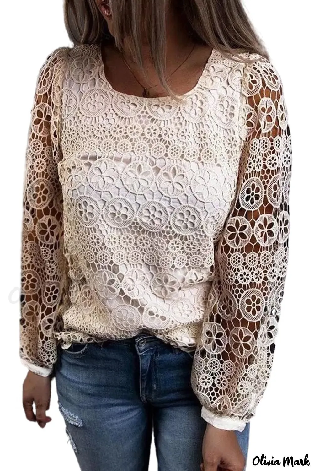 Deanwangkt - Beige Contrast Lace Hollow Out Long Sleeve Blouse