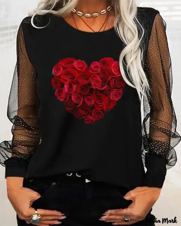 Deanwangkt - Valentine's Day Floral Heart Print Contrast Mesh Long Sleeve Top