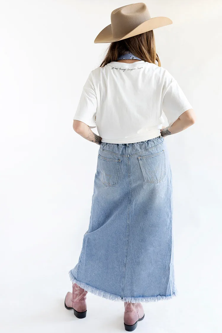 Denim Frayed Slit Midi Skirt