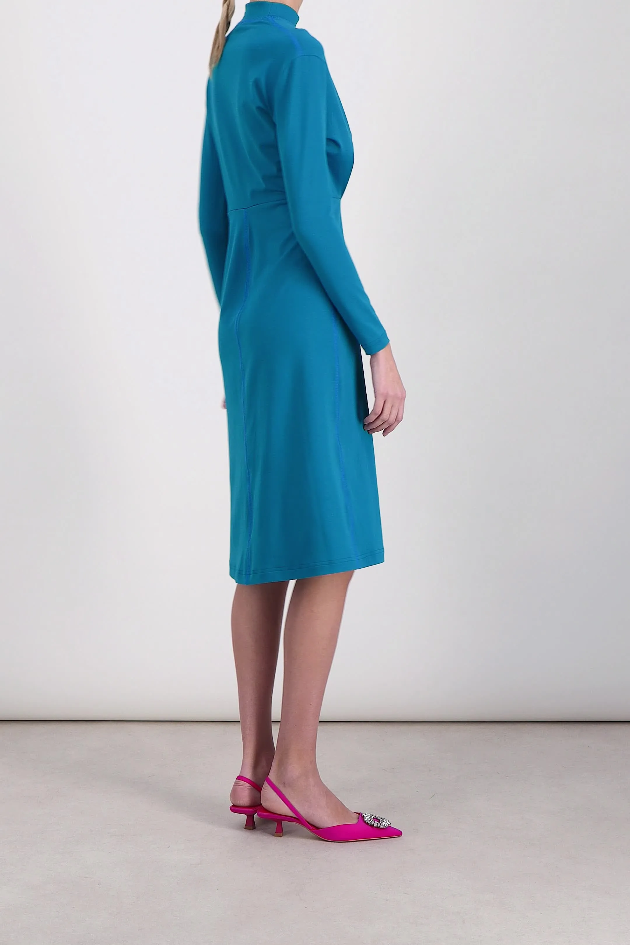 Draped long sleeved recycled jersey midi dress