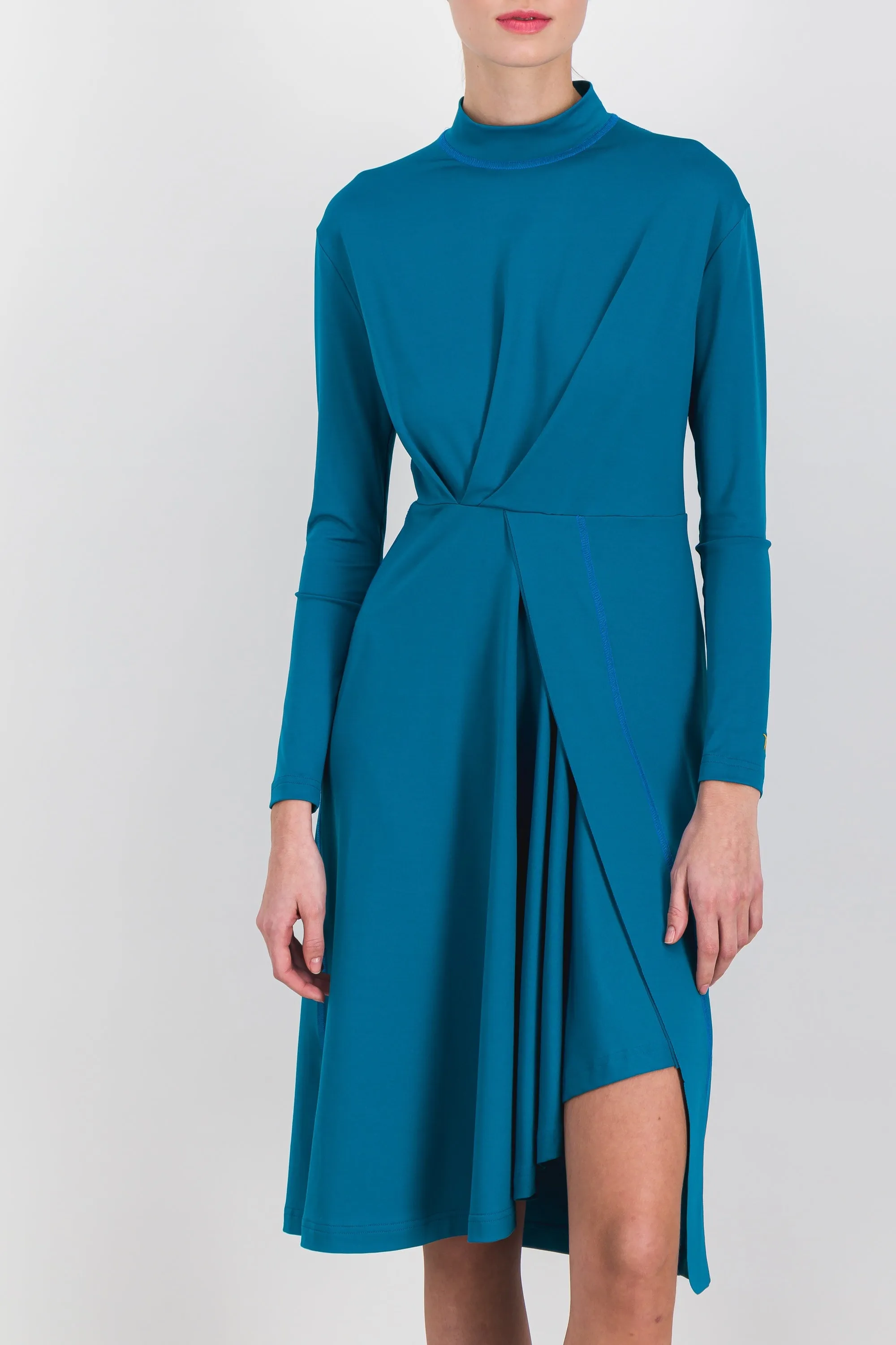 Draped long sleeved recycled jersey midi dress