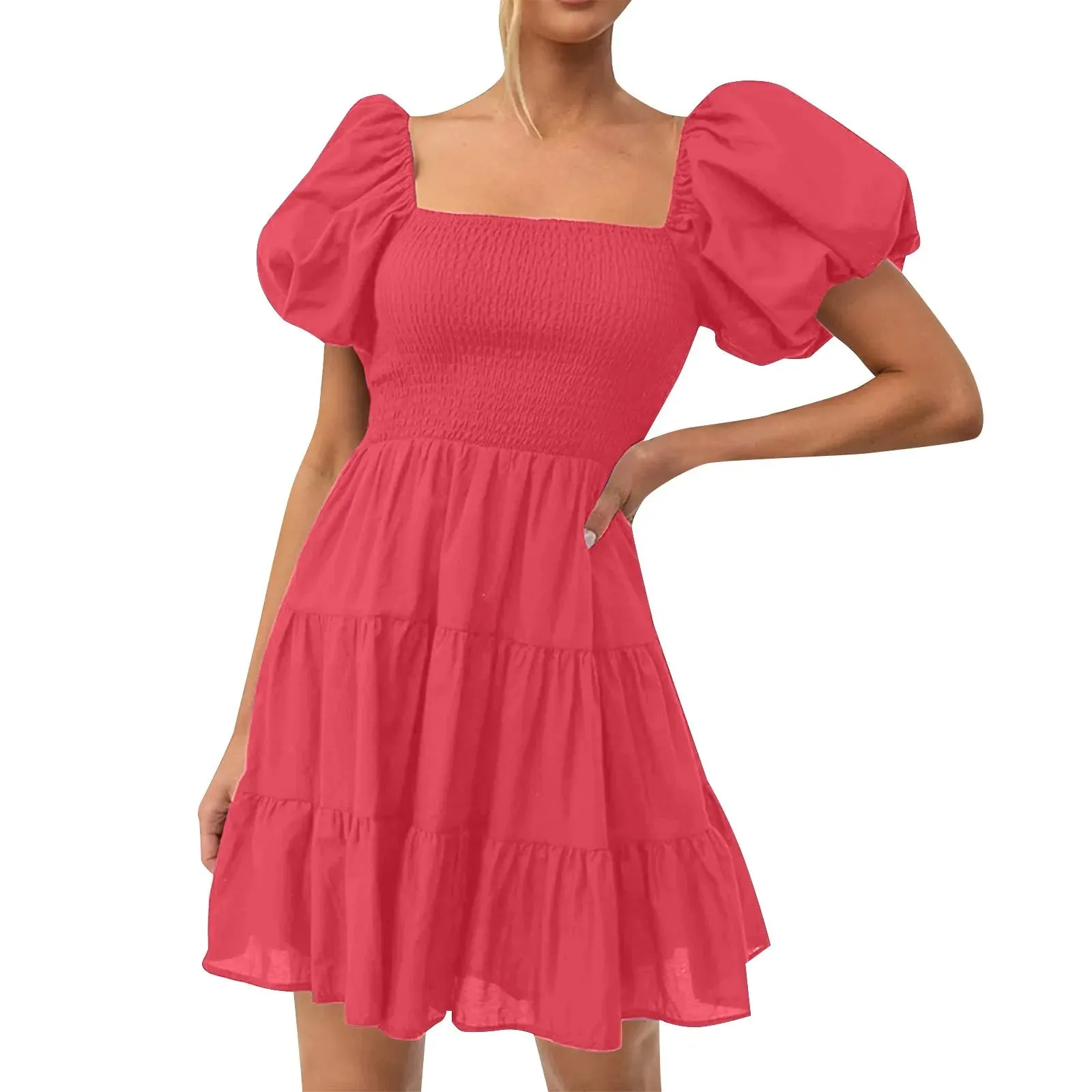 Elegant Backless Bow Lace Up Square Collar Puff Sleeve Ruffles Hem A-line Casual Pink Dress