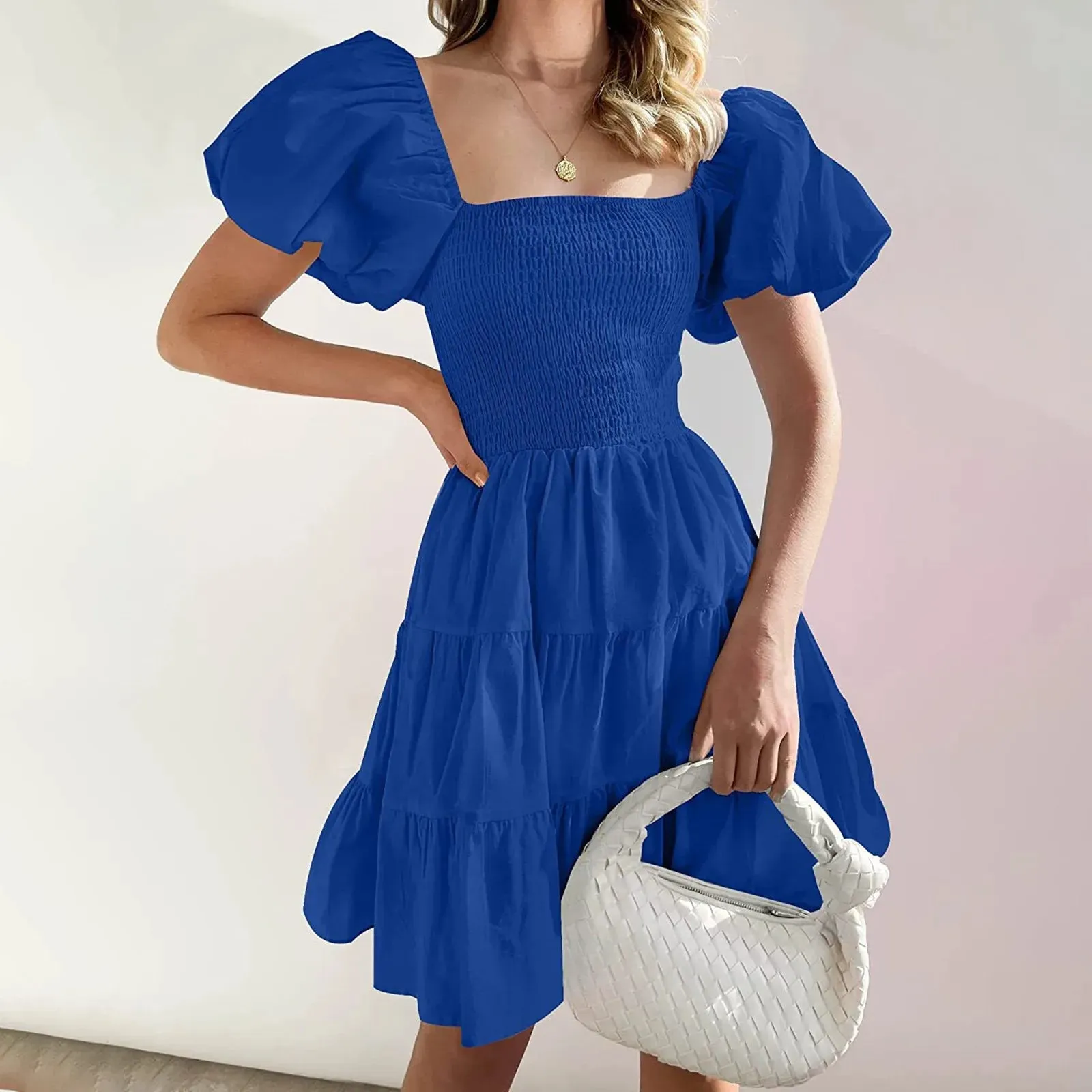 Elegant Backless Bow Lace Up Square Collar Puff Sleeve Ruffles Hem A-line Casual Pink Dress