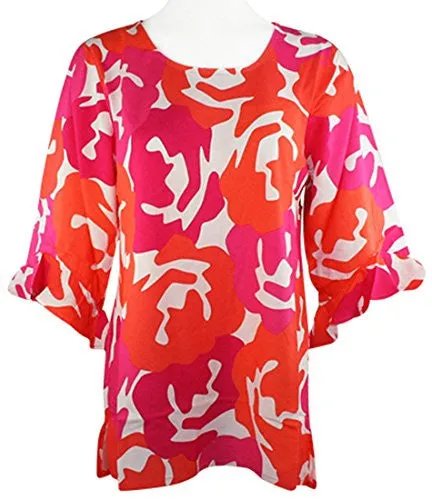 Escapada Living - Coral Garden Top with Trimmed 3/4 Sleeves & Scoop Neck Collar