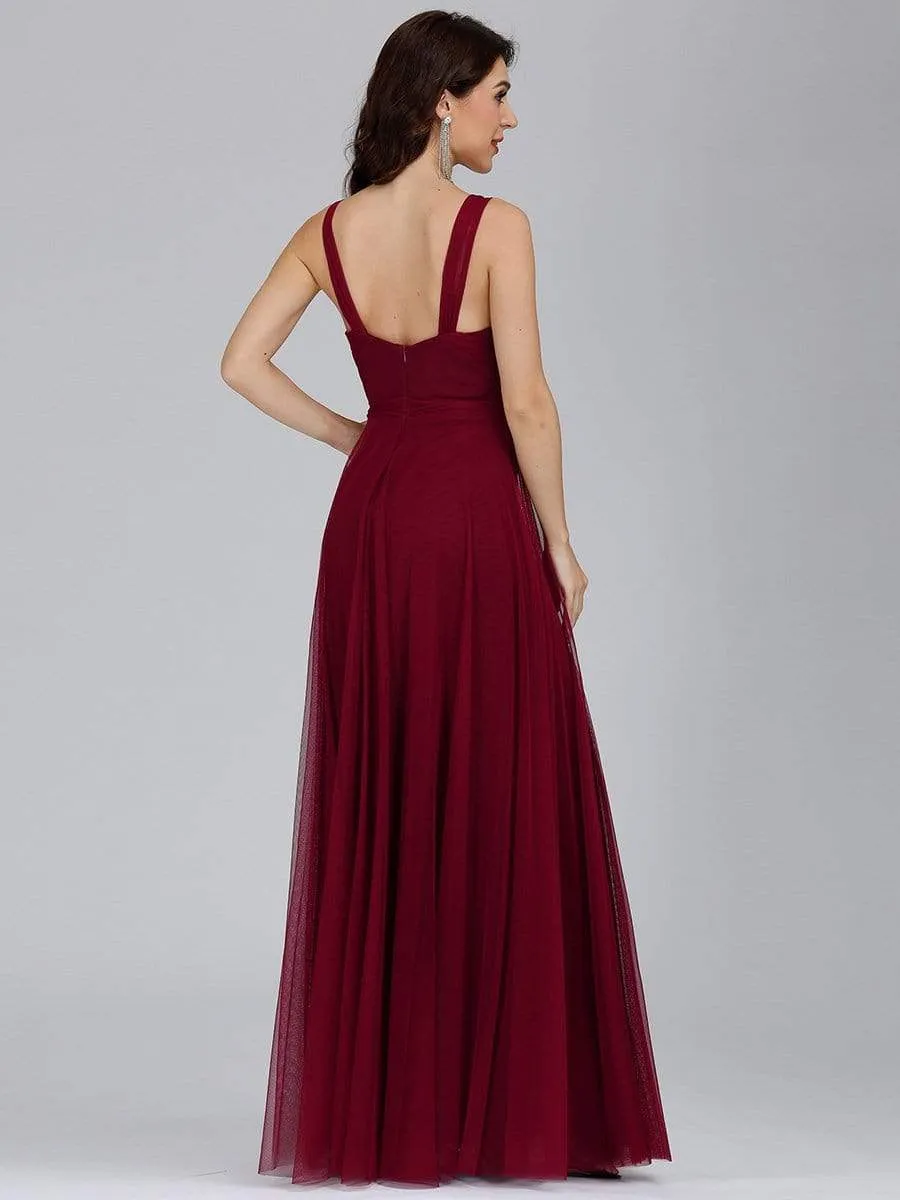 Floor Length Double V Neck Tulle Bridesmaid Dresses