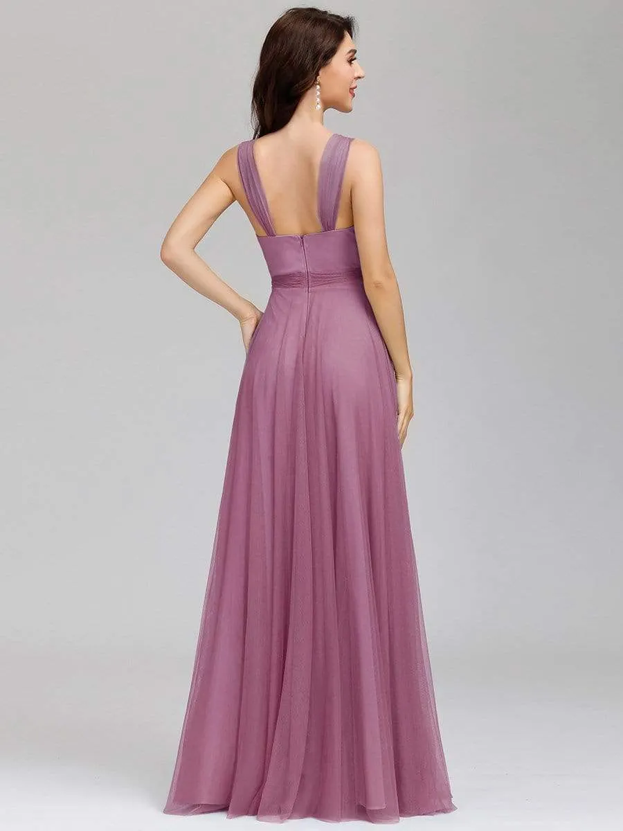 Floor Length Double V Neck Tulle Bridesmaid Dresses