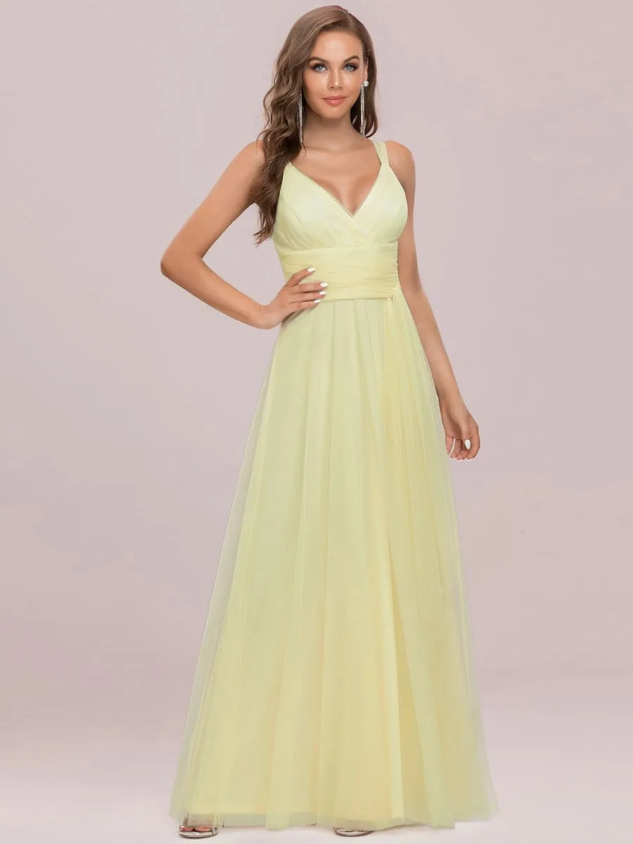 Floor Length Double V Neck Tulle Bridesmaid Dresses