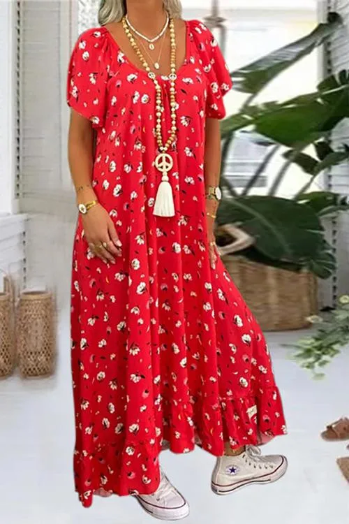 Floral Print V Neck Loose Maxi Dress