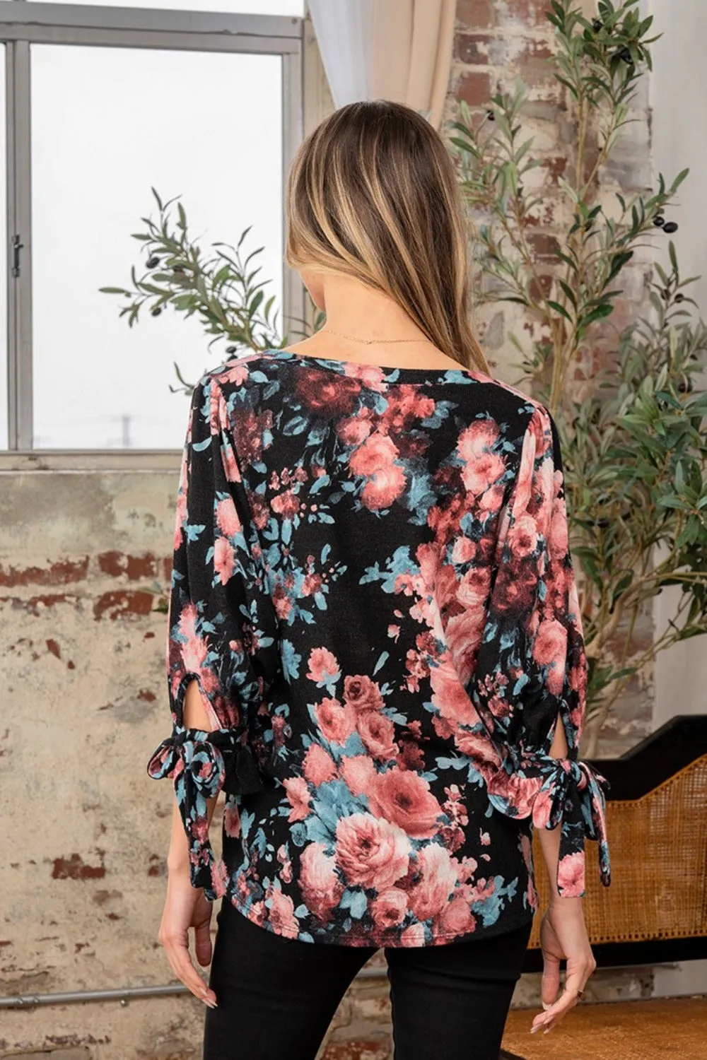 Full Size Floral V-Neck Top with Sleeve Knot