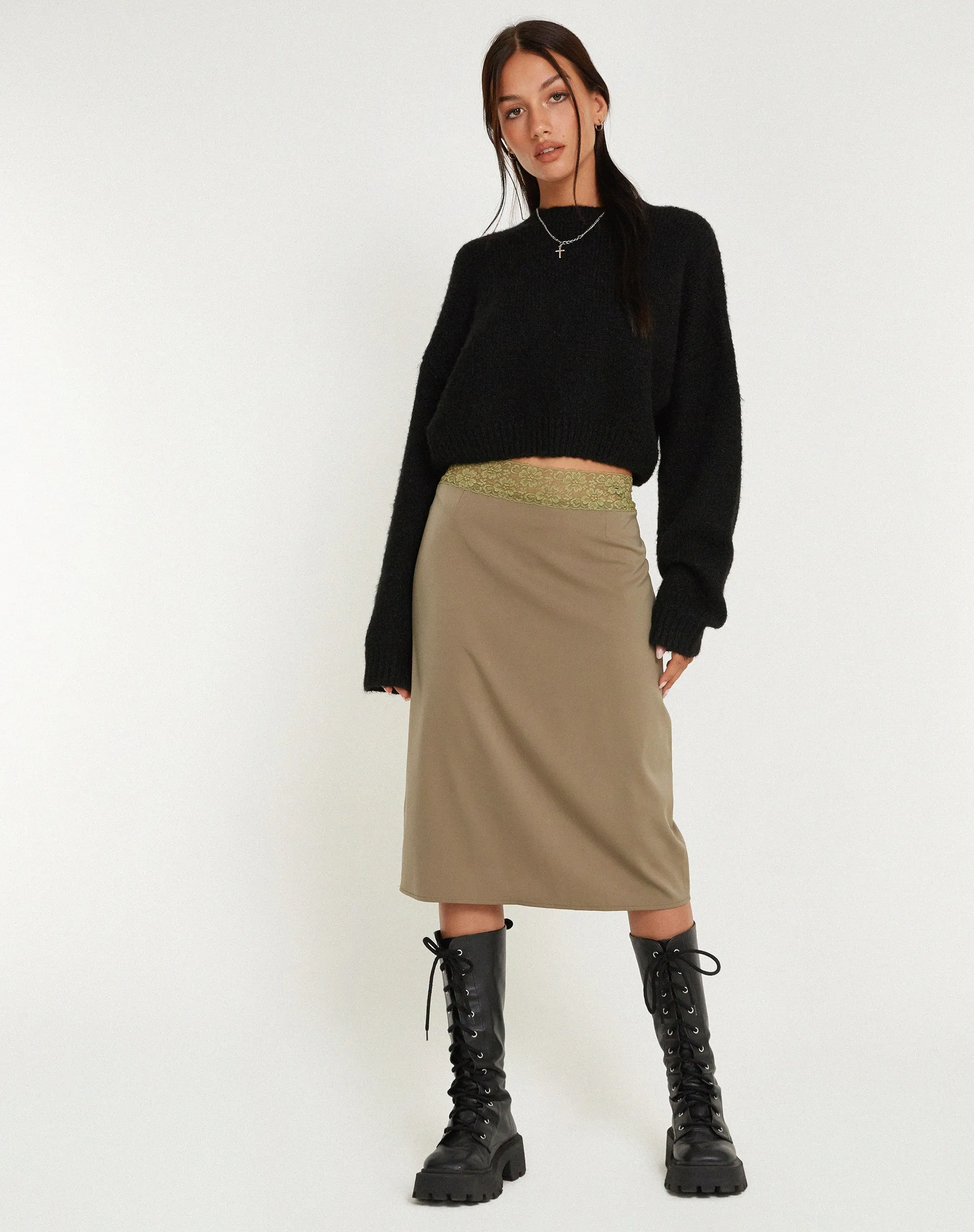 Golda Midi Skirt in Satin Avocado