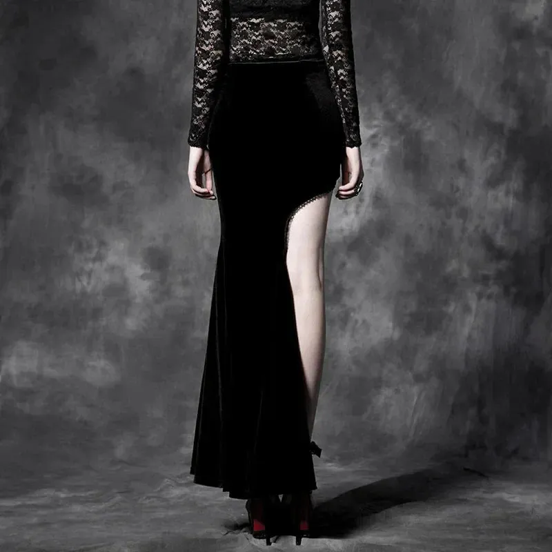 Gothic Split Maxi Style Long Sexy Cheongsam Black Embroidery Velvet Asymmetric Skirt