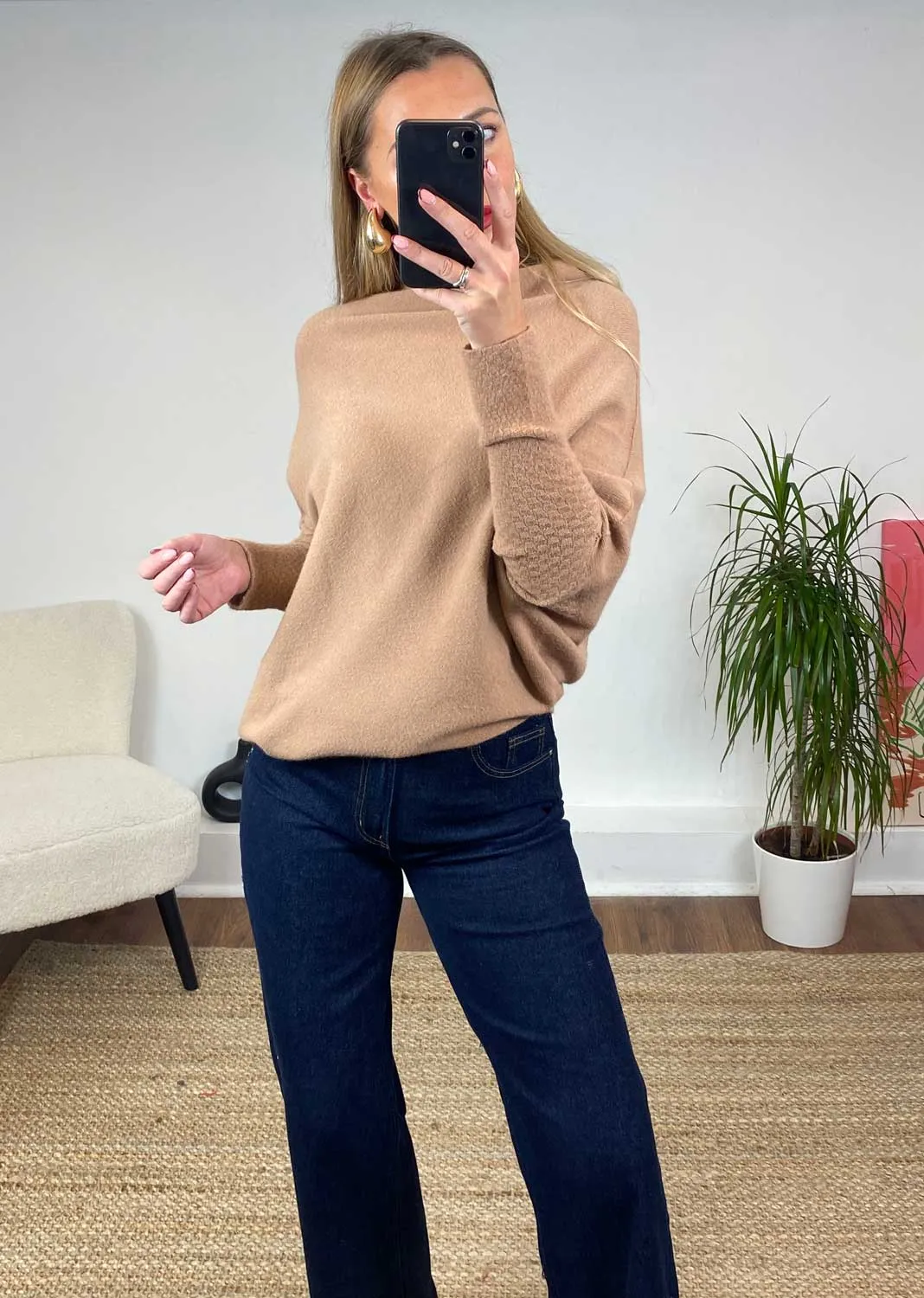 Grace Asymmetric Knit Jumper in Camel