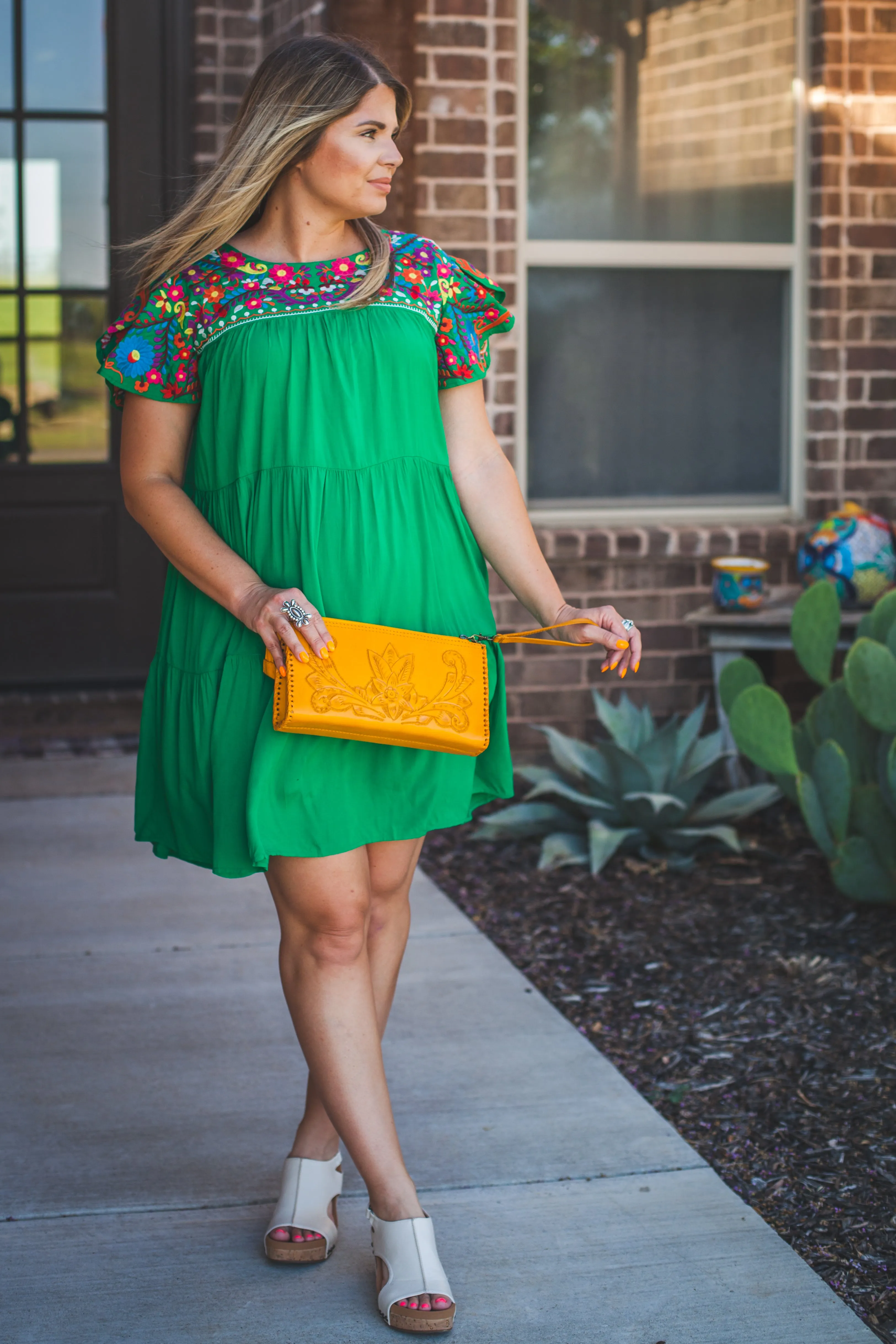 Green Embroidered Flutter Sleeve Dress