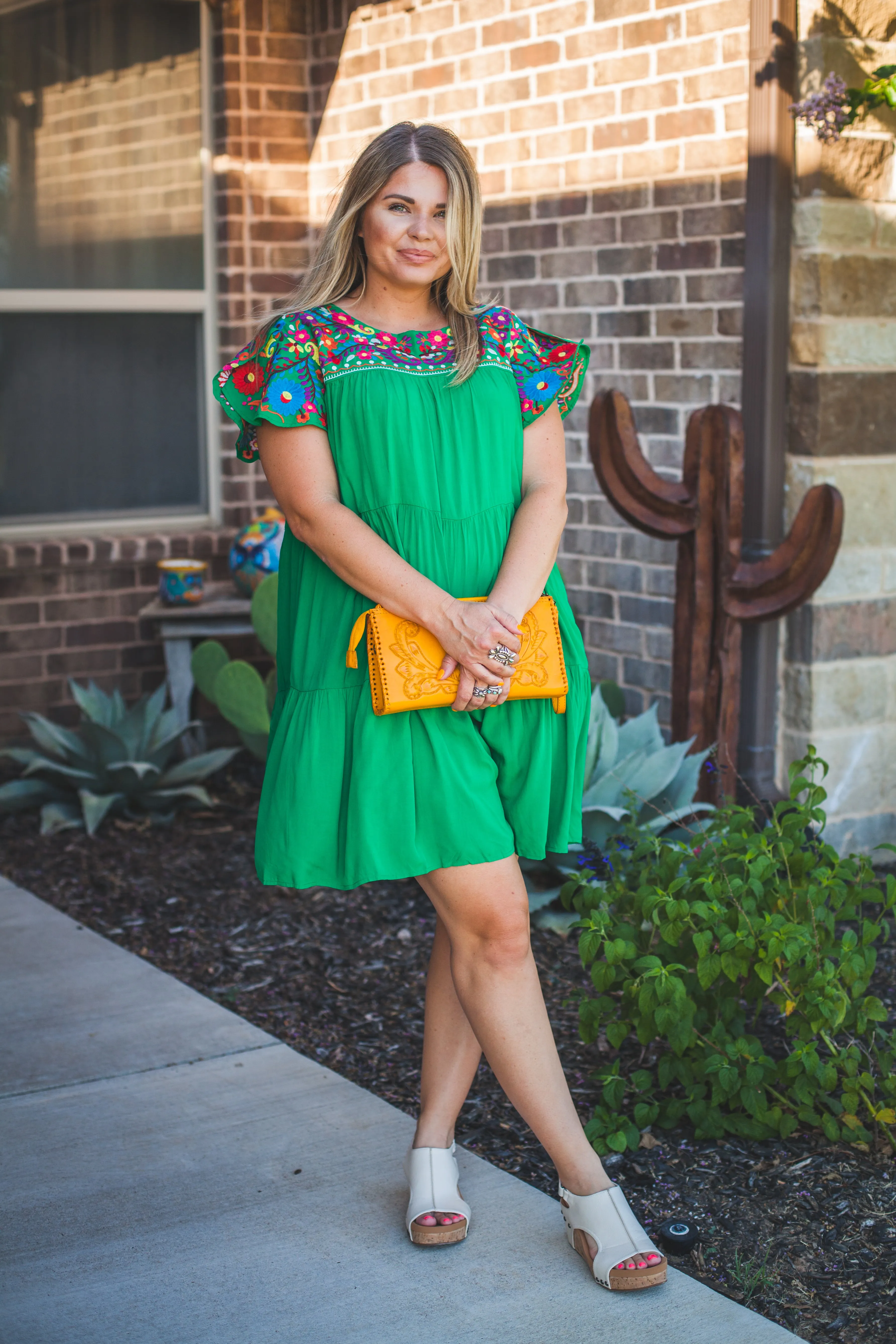 Green Embroidered Flutter Sleeve Dress