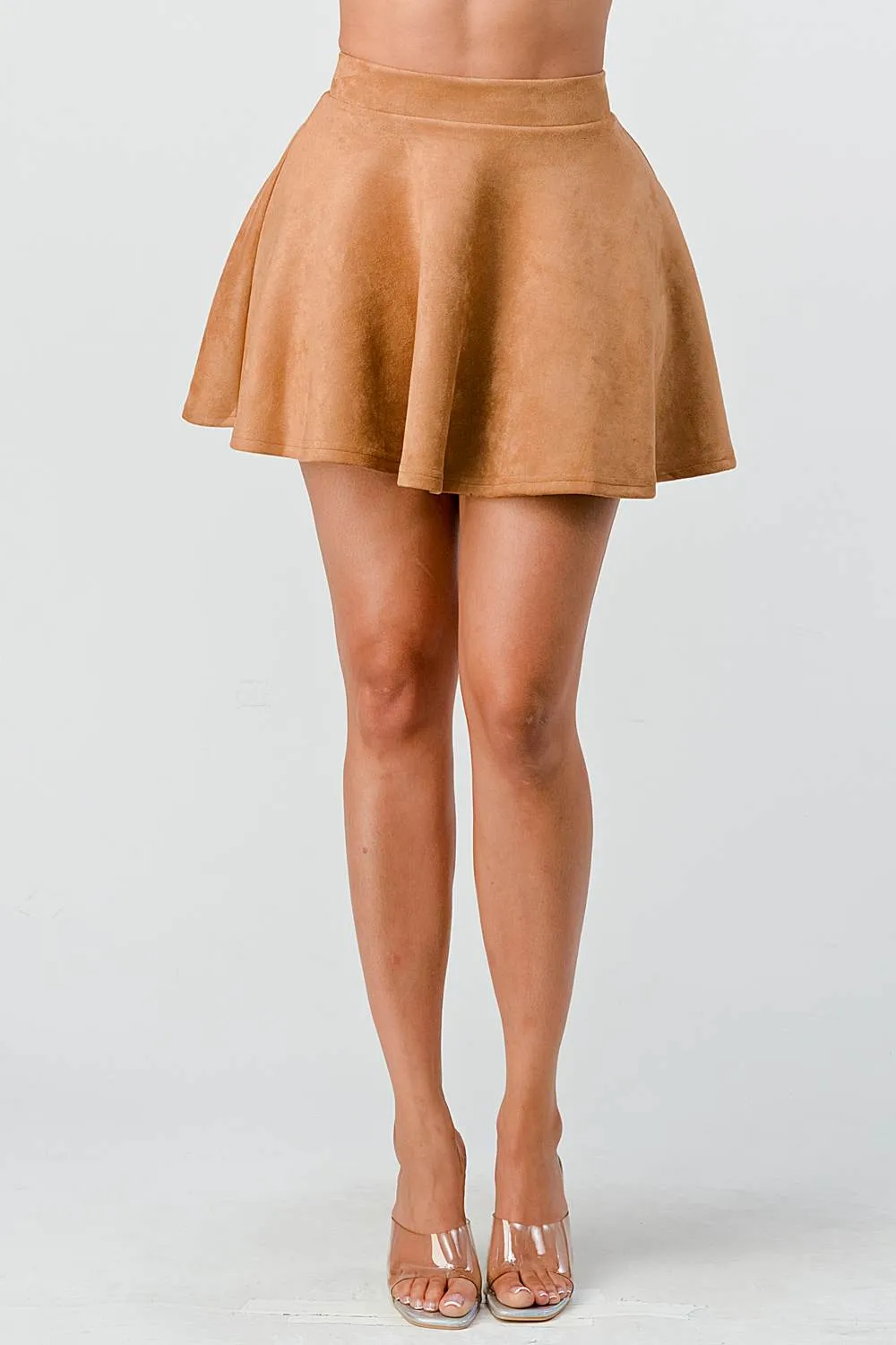 HIGH WAIST TECHNO SUEDE FLARED MINI SKIRT