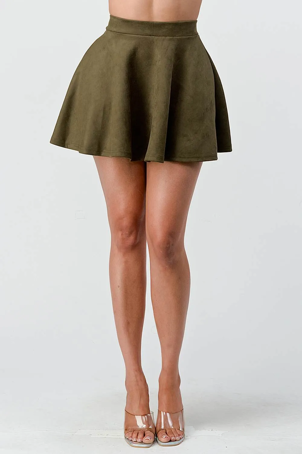 HIGH WAIST TECHNO SUEDE FLARED MINI SKIRT