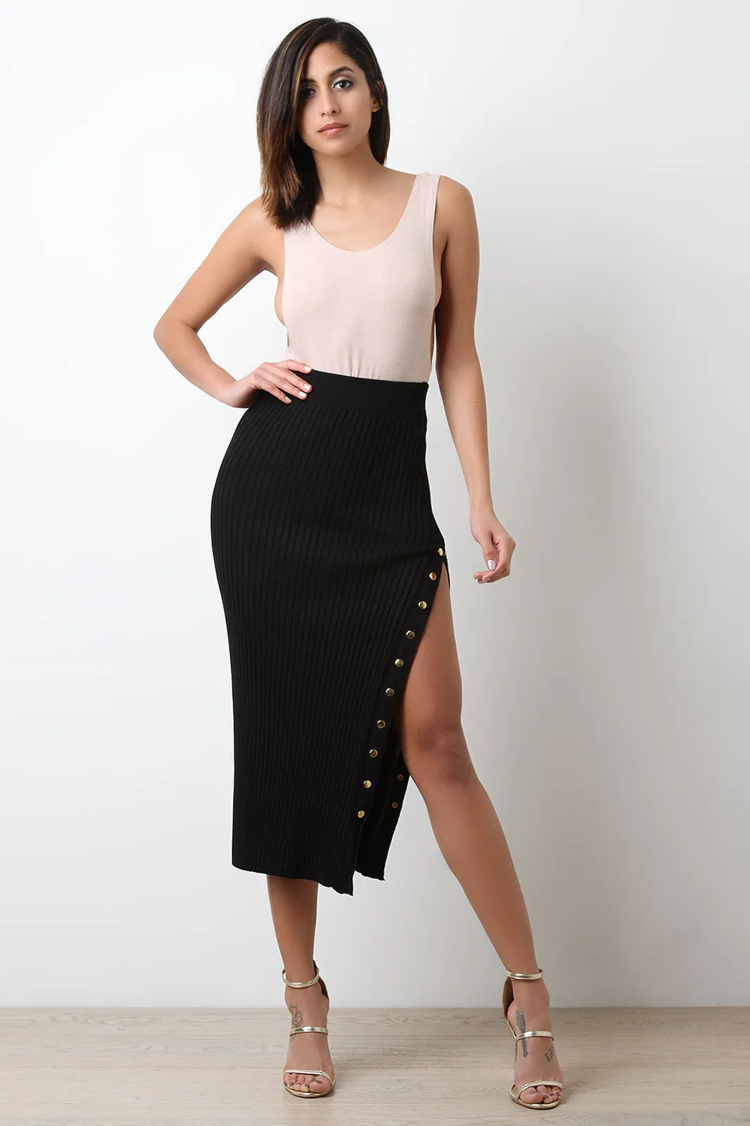 High Waisted Ribbed Knit Button-Up Midi Skirt