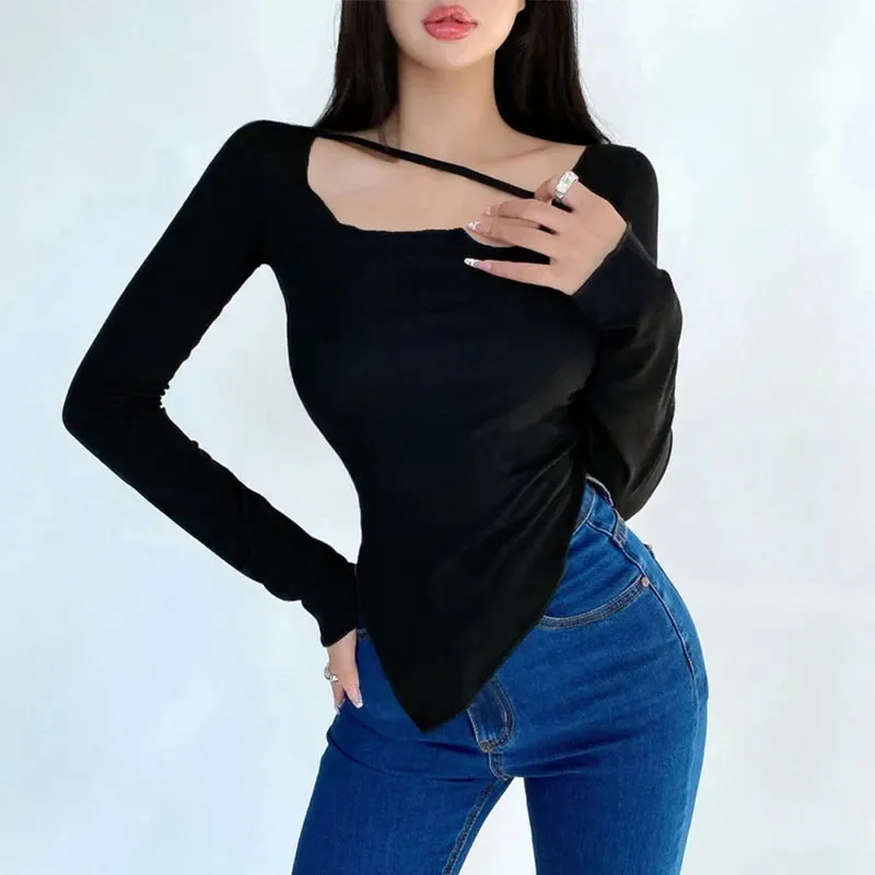 Irregular Thin Design Slim Fit Long Sleeve T-shirt