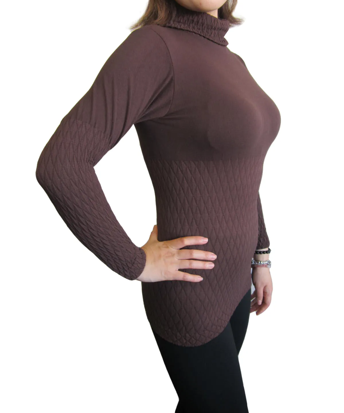 Jacquard Mock Neck Long Sleeve Tops (FAB-11811)