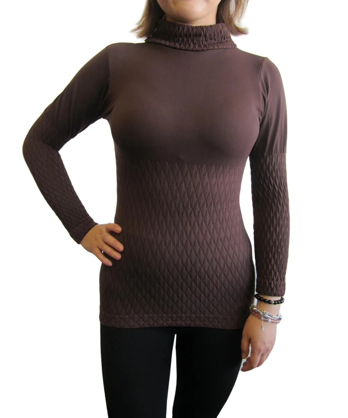 Jacquard Mock Neck Long Sleeve Tops (FAB-11811)