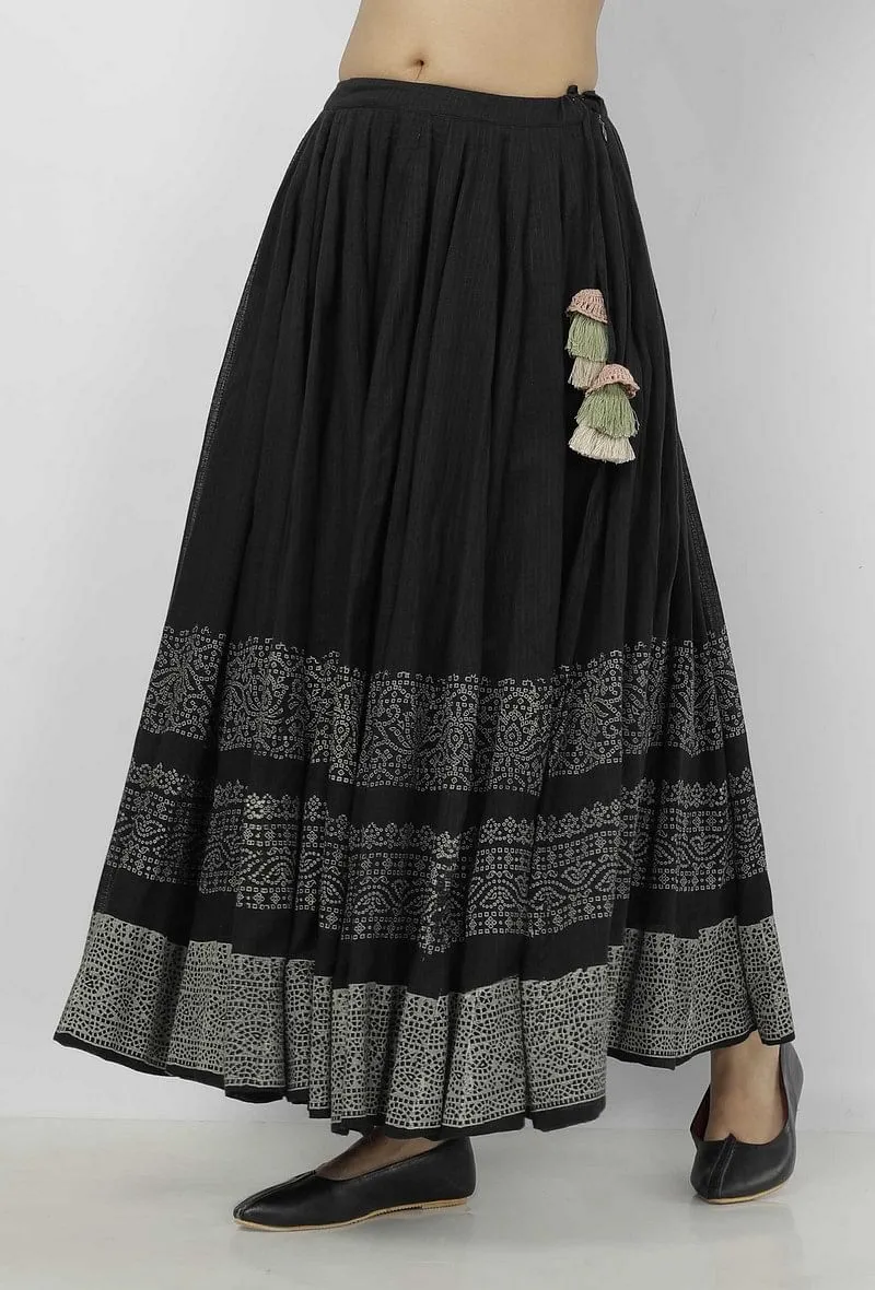 Kaani Black and White Tri Pattern Hand-Block Printed Tasseled Kota Skirt