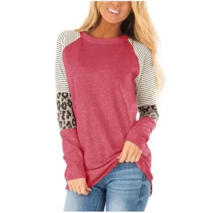 Leopard Print Long Sleeve Shirts For Women Crew Neck Patchwork T Shirt Blouse