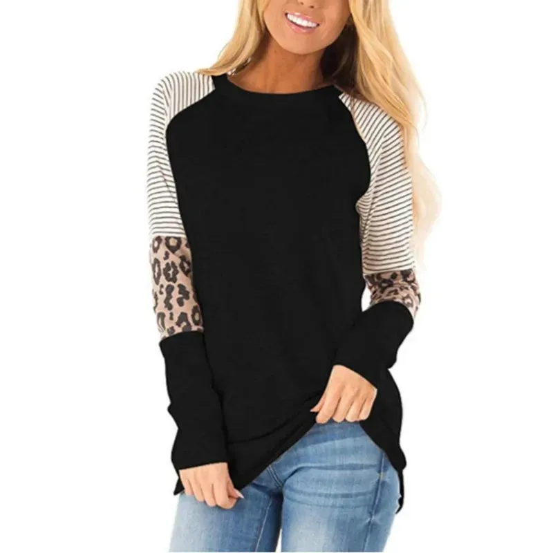 Leopard Print Long Sleeve Shirts For Women Crew Neck Patchwork T Shirt Blouse