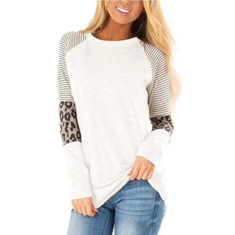 Leopard Print Long Sleeve Shirts For Women Crew Neck Patchwork T Shirt Blouse