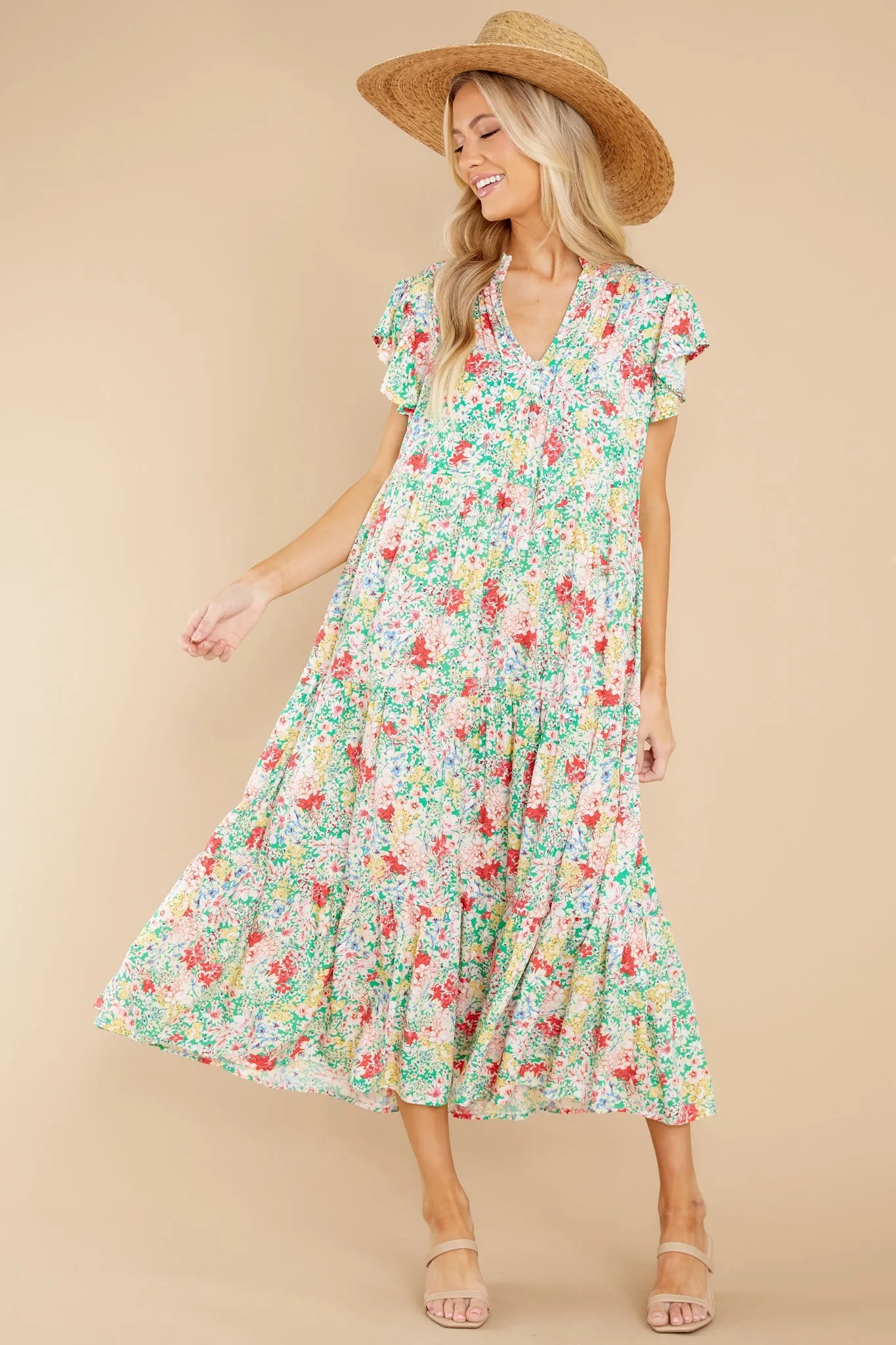 Life Begins Green Floral Print Midi Dress